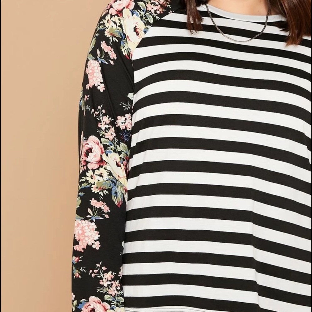 PLUS floral print raglan long sleeves striped tee - Picture 3 of 5